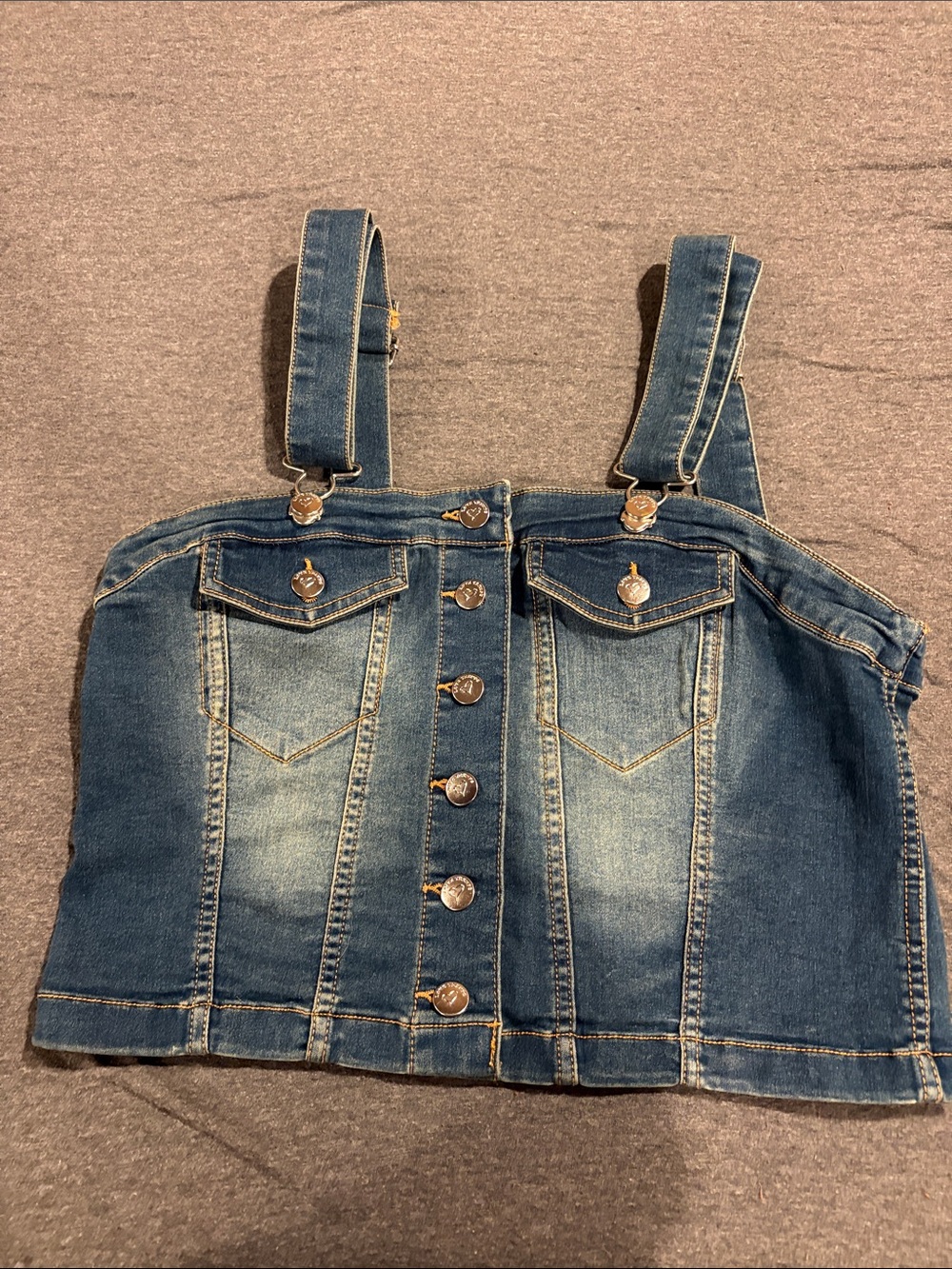 Denim Button-Front Cropped Overalls Top - Blue